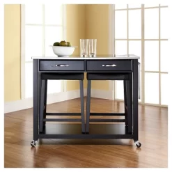 Stainless Steel Top Kitchen Cart/Island - Black With 24" Black Upholstered Saddle Stools - Crosley -Luxe Living Interiors Shop GUEST d7a2c547 e67b 455d 9c47 22aee8c3fa83