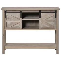 HOMCOM Farmhouse Style Console Table With Sliding Barn Doors And 4 Open Storage Compartments And Elevated Base, Gray -Luxe Living Interiors Shop GUEST da6e1032 162e 453d a0c4 dcd7cb0c2b93