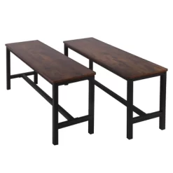 Set Of 2 Wooden Top Indoor Bench With Metal Legs Brown/Black - Benzara -Luxe Living Interiors Shop GUEST dd5b3455 936f 4c81 b1a3 88410b891b2c