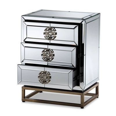 Laken 3 Drawers Mirrored Nightstand - Baxton Studio 3 Laken 3 Drawers Mirrored Nightstand - Baxton Studio