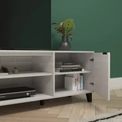 Emma And Oliver 70" Mid-Century Modern TV Stand With Doors And Adjustable Shelves In Gray For TV's Up To 60" -Luxe Living Interiors Shop GUEST f2594e7d af57 4e38 8789 6fd62d80911f