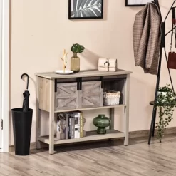 HOMCOM Farmhouse Style Console Table With Sliding Barn Doors And 4 Open Storage Compartments And Elevated Base, Gray