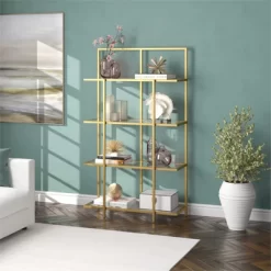 62 In. Brass Finish Standard Bookcase - Henn&Hart -Luxe Living Interiors Shop GUEST f3425345 ae7a 443e 9337 0f849018b0ea