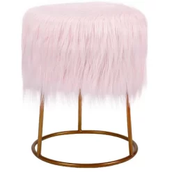 BirdRock Home Round Pink Faux Fur Foot Stool Storage Ottoman With Pale Gold Legs