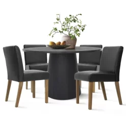 Dwen+North 5-Piece 46" Manufactured Black Grain And 18.5" Wide 4 Faux Leather Dining Chairs Modern Round Dining Table Set-The Pop Maison