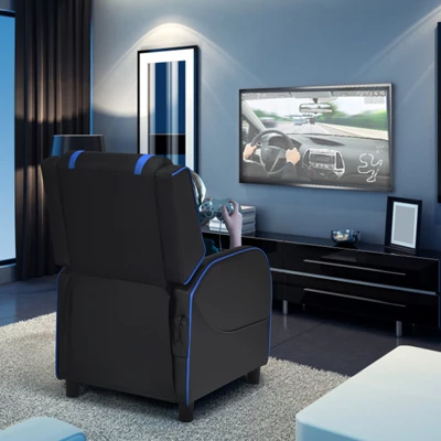 Tangkula PU Leather Gaming Recliner Chair Single Massage Lounge Sofa W/ Lumbar Cushion Blue 3 Tangkula PU Leather Gaming Recliner Chair Single Massage Lounge Sofa W/ Lumbar Cushion Blue