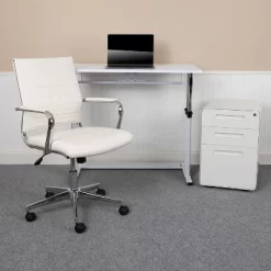 Flash Furniture Work From Home Kit - White Adjustable Computer Desk, LeatherSoft Office Chair And Inset Handle Locking Mobile Filing Cabinet
