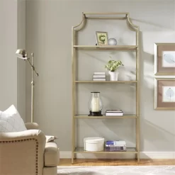 Metal Glass Bookcase In Antique Gold - Pemberly Row -Luxe Living Interiors Shop GUEST fe816336 a2a9 4379 945f a1be53c5a695